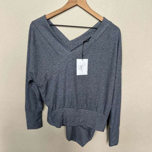 Stella & Dot Asymmetrical Ribbed Double V Sweater NWT Chambray Blue Grey Small - Picture 6 of 12